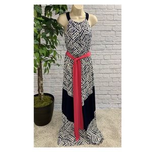 Vince Camuto Navy & White Geo Print Maxi Dress w/ Pink Sash Halter Sleeveless